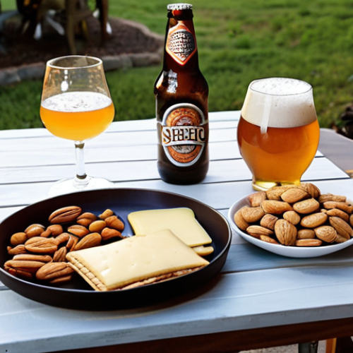 Home 11 **Image:** A serene outdoor setting at dusk. Soft, warm lighting illuminates a table set for two, featuring a variety of craft beers, gourmet snacks like cheese and crackers, and spiced nuts. The focus is on the intimate atmosphere and the enjoyment of good company.