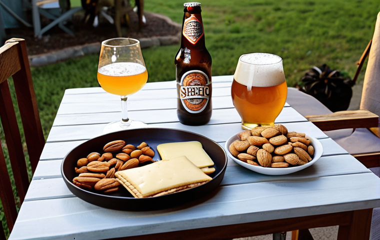 **Image:** A serene outdoor setting at dusk. Soft, warm lighting illuminates a table set for two, featuring a variety of craft beers, gourmet snacks like cheese and crackers, and spiced nuts. The focus is on the intimate atmosphere and the enjoyment of good company.