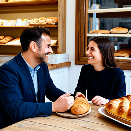 Home 6 A professional man and woman, both fully clothed in modest business casual attire, are seated comfortably at a small, rustic wooden table inside a charming French bakery. They are engaged in a calm and meaningful conversation, smiling gently and maintaining natural eye contact. The table features freshly baked croissants, pain au chocolat, and two steaming cups of artisanal coffee. Warm, natural light streams in, highlighting the cozy, inviting atmosphere of the bakery, with blurred shelves of pastries in the background. No digital devices are visible. Perfect anatomy, correct proportions, well-formed hands, proper finger count, natural pose, professional photography, high resolution, safe for work, appropriate content, family-friendly.