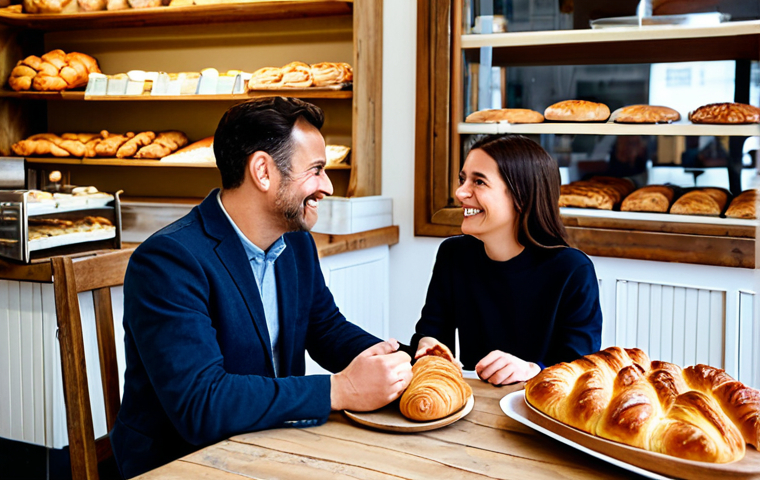 A professional man and woman, both fully clothed in modest business casual attire, are seated comfortably at a small, rustic wooden table inside a charming French bakery. They are engaged in a calm and meaningful conversation, smiling gently and maintaining natural eye contact. The table features freshly baked croissants, pain au chocolat, and two steaming cups of artisanal coffee. Warm, natural light streams in, highlighting the cozy, inviting atmosphere of the bakery, with blurred shelves of pastries in the background. No digital devices are visible. Perfect anatomy, correct proportions, well-formed hands, proper finger count, natural pose, professional photography, high resolution, safe for work, appropriate content, family-friendly.