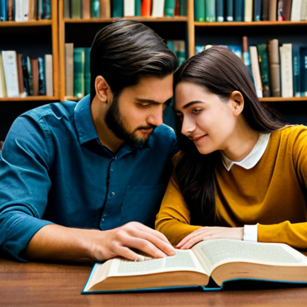 **

"A young couple, fully clothed in modest attire, sitting together at a table in a quiet library. They are surrounded by bookshelves filled with books. Both are reading attentively and occasionally exchanging glances. Soft, diffused lighting. Safe for work. Appropriate content. Perfect anatomy. Natural proportions. Professional photography. Family-friendly."

**