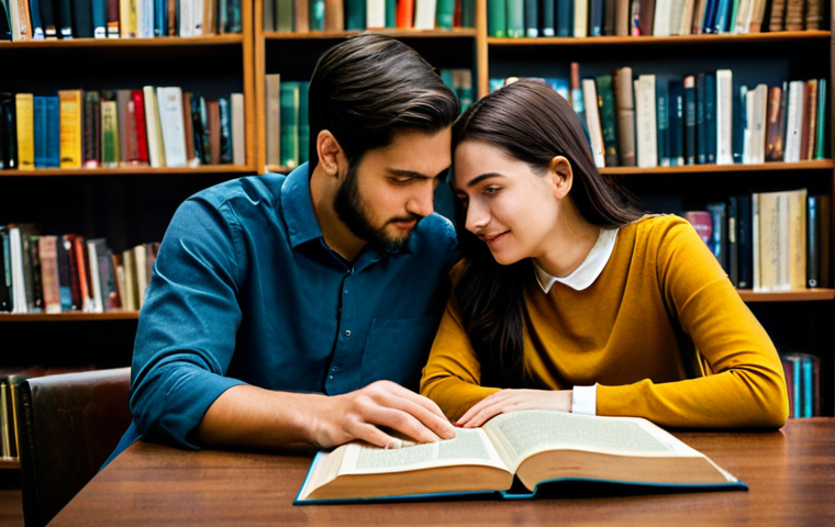 **

"A young couple, fully clothed in modest attire, sitting together at a table in a quiet library. They are surrounded by bookshelves filled with books. Both are reading attentively and occasionally exchanging glances. Soft, diffused lighting. Safe for work. Appropriate content. Perfect anatomy. Natural proportions. Professional photography. Family-friendly."

**