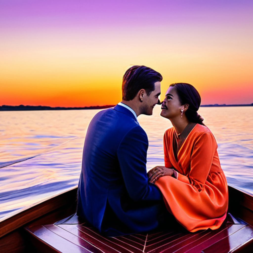 Sunset Romance**

"A couple enjoying a sunset boat date, fully clothed in modest evening wear, on calm waters. The sky is a blend of orange, pink, and purple hues. Safe for work, appropriate content, perfect anatomy, natural pose, professional photography, high quality, family-friendly, well-formed hands, proper finger count, natural body proportions, professional"

**