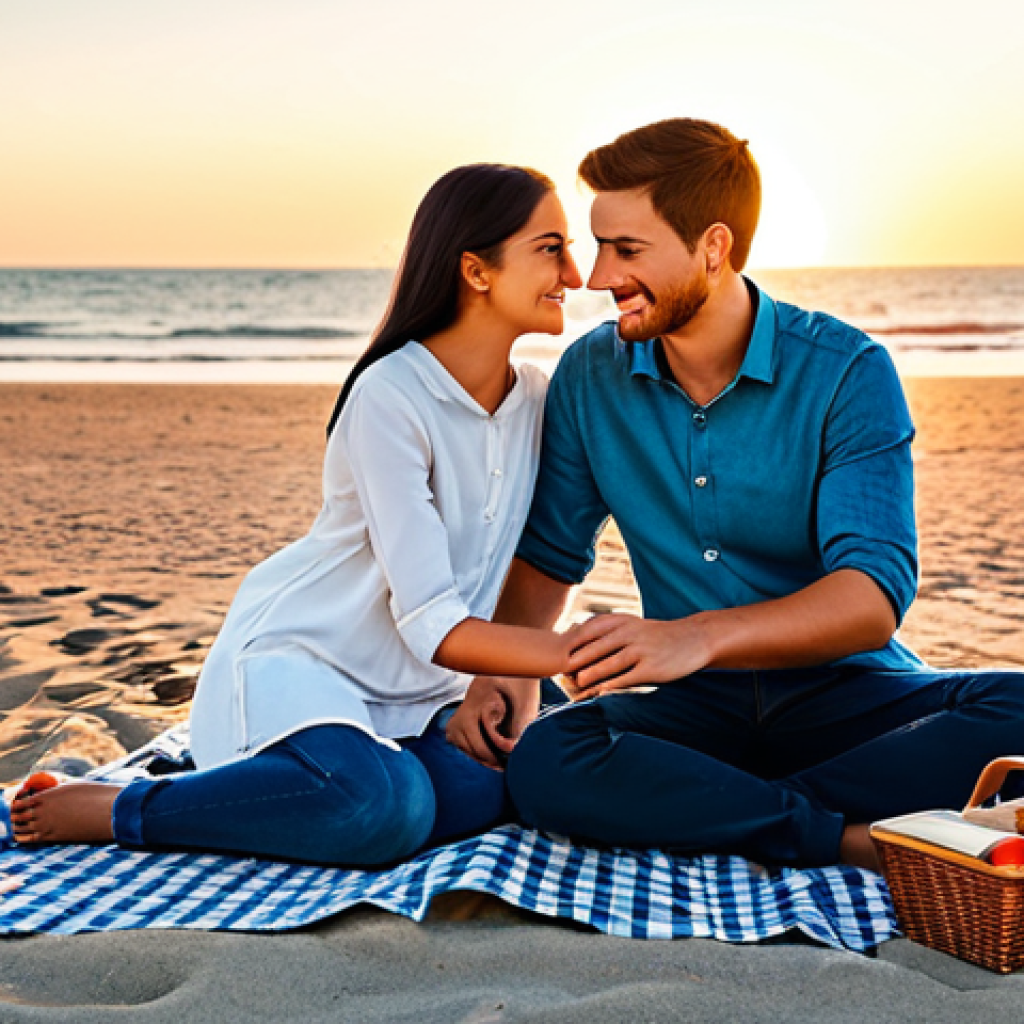"A young couple, fully clothed in modest casual wear, enjoying a picnic on a clean beach at sunset, appropriate content, safe for work, perfect anatomy, natural proportions, family-friendly, professional photography, high quality."