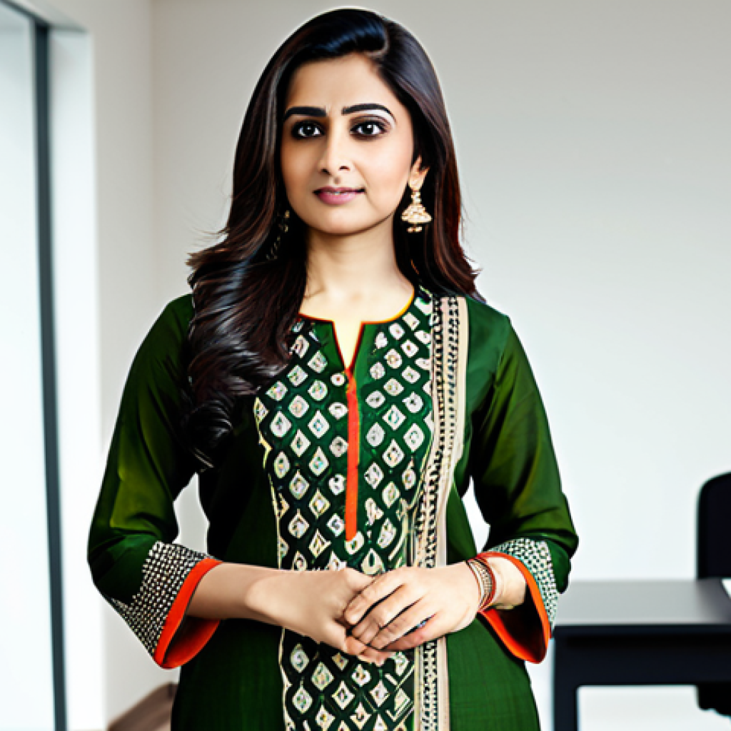 **Prompt:** A professional woman in a modest and stylish salwar kameez, standing confidently in a modern office setting. Natural lighting, perfect anatomy, well-formed hands, appropriate attire, safe for work, family-friendly.