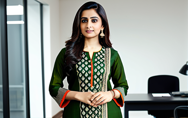 **Prompt:** A professional woman in a modest and stylish salwar kameez, standing confidently in a modern office setting. Natural lighting, perfect anatomy, well-formed hands, appropriate attire, safe for work, family-friendly.