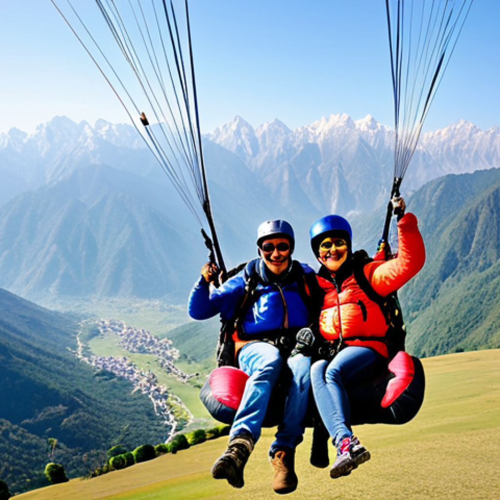 "A couple, fully clothed in comfortable outdoor attire, enjoying a tandem paragliding flight over a scenic mountain landscape in Bir Billing, India. Safe for work, appropriate content, professional photography, perfect anatomy, natural pose, family-friendly."