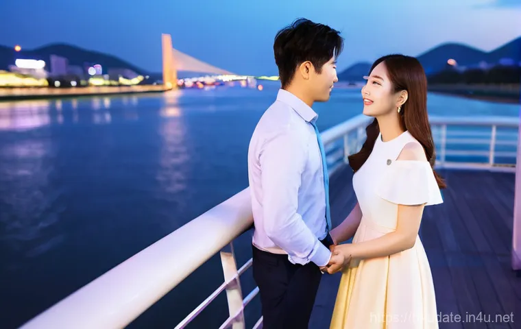 한강 유람선 데이트 - **Prompt 1: Romantic Han River Sunset Cruise for a Couple**
    "A diverse couple, in their late 20s...