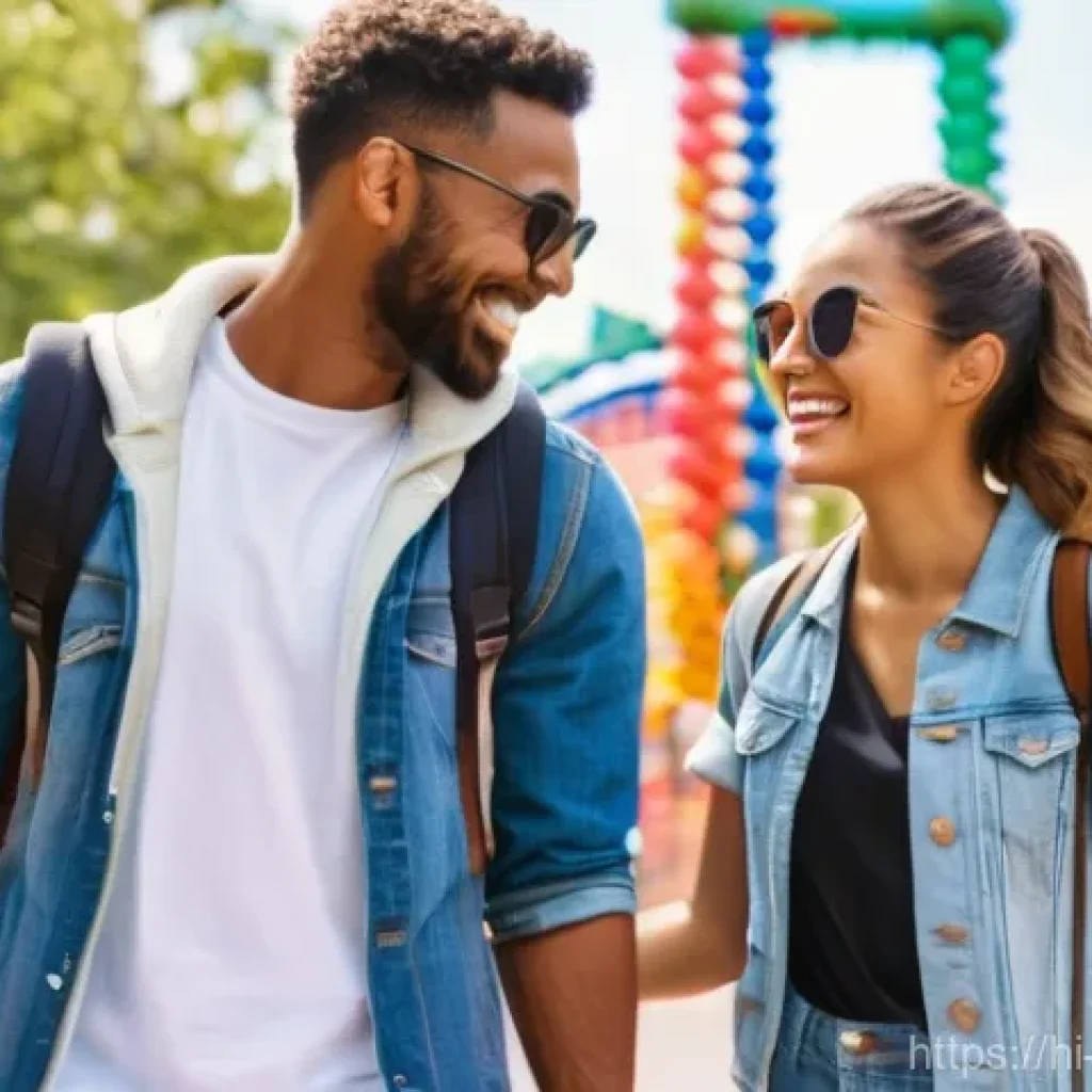 테마 놀이공원 데이트 - **Prompt:** A young, diverse couple (man and woman) in their late 20s, full of anticipation, stands ...