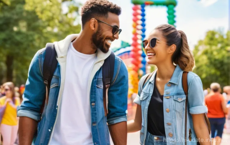 테마 놀이공원 데이트 - **Prompt:** A young, diverse couple (man and woman) in their late 20s, full of anticipation, stands ...