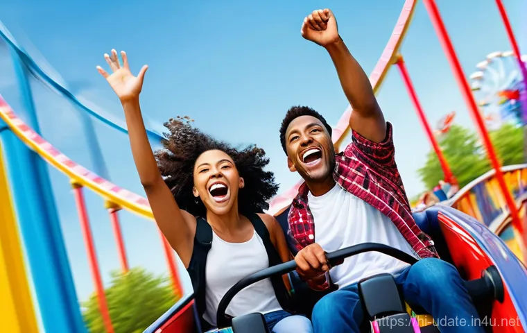 테마 놀이공원 데이트 - **Prompt:** A young, diverse couple (man and woman) in their late 20s, full of anticipation, stands ...