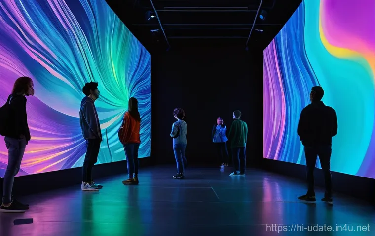 디지털 아트 뮤지엄 - **Prompt:** "A diverse group of people, ranging from teenagers to adults, fully clothed in contempor...