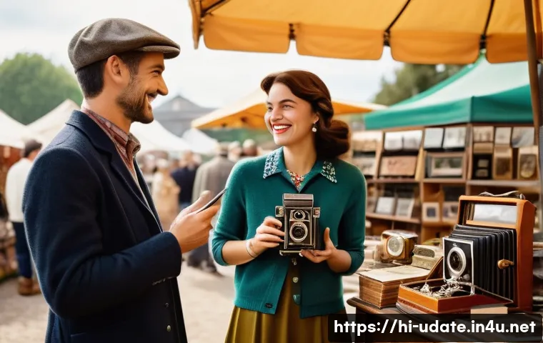빈티지 마켓 쇼핑 데이트 - **Vibrant Vintage Market Date**
    A happy, diverse couple (late 20s/early 30s) exploring a bustlin...