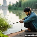 Home 17 도심 속 낚시 체험 - A serene urban pond scene during early morning, showing a young Hindi-speaking man wearing casual li...