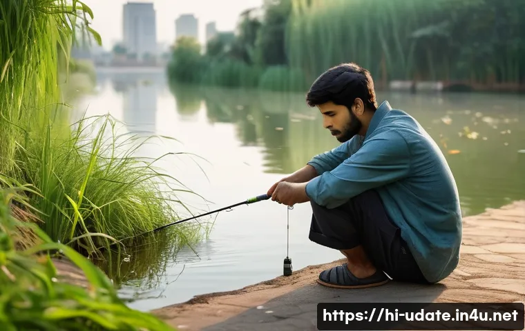 도심 속 낚시 체험 - A serene urban pond scene during early morning, showing a young Hindi-speaking man wearing casual li...