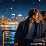 나이트 크루즈 데이트 - A romantic night cruise scene on a calm river near a vibrant cityscape, featuring tall buildings ill...