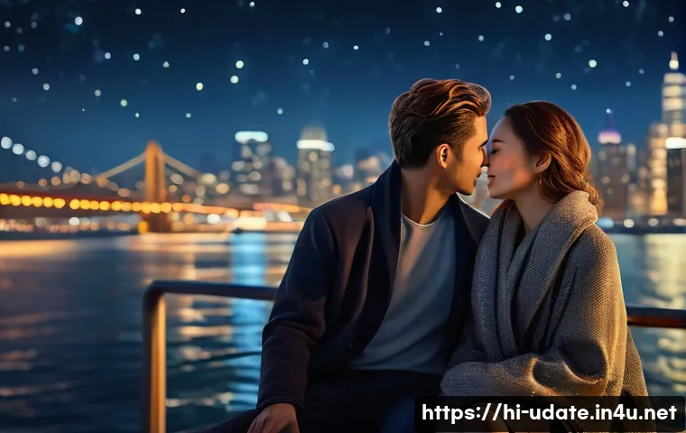 나이트 크루즈 데이트 - A romantic night cruise scene on a calm river near a vibrant cityscape, featuring tall buildings ill...