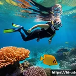 바다 스노클링 데이트 - A vibrant underwater scene featuring a couple snorkeling together near a colorful coral reef in clea...