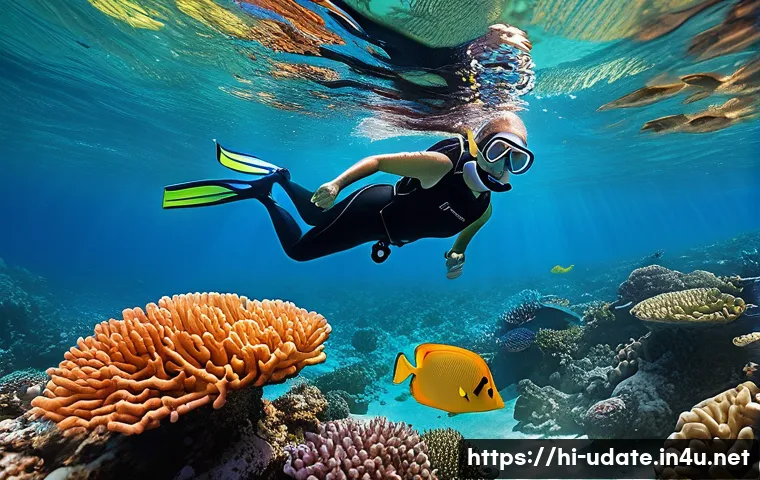 바다 스노클링 데이트 - A vibrant underwater scene featuring a couple snorkeling together near a colorful coral reef in clea...