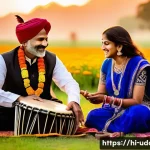 국악 공연 체험 데이트 - A vibrant outdoor folk music concert set in a lush green open field during sunset, featuring traditi...