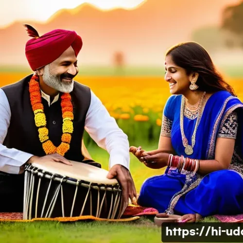 국악 공연 체험 데이트 - A vibrant outdoor folk music concert set in a lush green open field during sunset, featuring traditi...