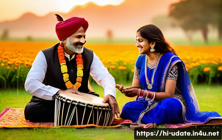 국악 공연 체험 데이트 - A vibrant outdoor folk music concert set in a lush green open field during sunset, featuring traditi...