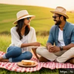 양떼목장 데이트 - A romantic couple enjoying a peaceful date at Shepherd Farm under a vast open sky, sitting comfortab...
