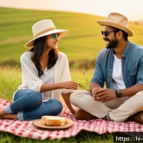 양떼목장 데이트 - A romantic couple enjoying a peaceful date at Shepherd Farm under a vast open sky, sitting comfortab...