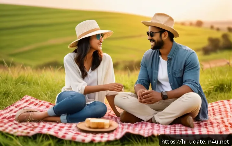 양떼목장 데이트 - A romantic couple enjoying a peaceful date at Shepherd Farm under a vast open sky, sitting comfortab...
