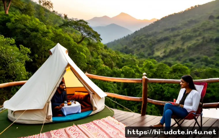 야외 글램핑 데이트 - Photorealistic outdoor glamping date in India, a young Indian couple relaxing beside a spacious beig...