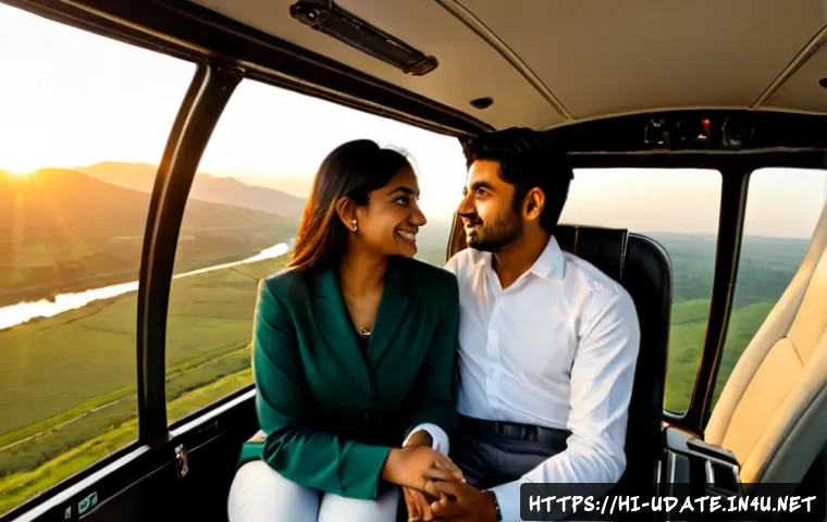 Home 30 헬리콥터 투어 데이트 - Photorealistic romantic helicopter tour date for a young Indian couple, seated side by side inside a...