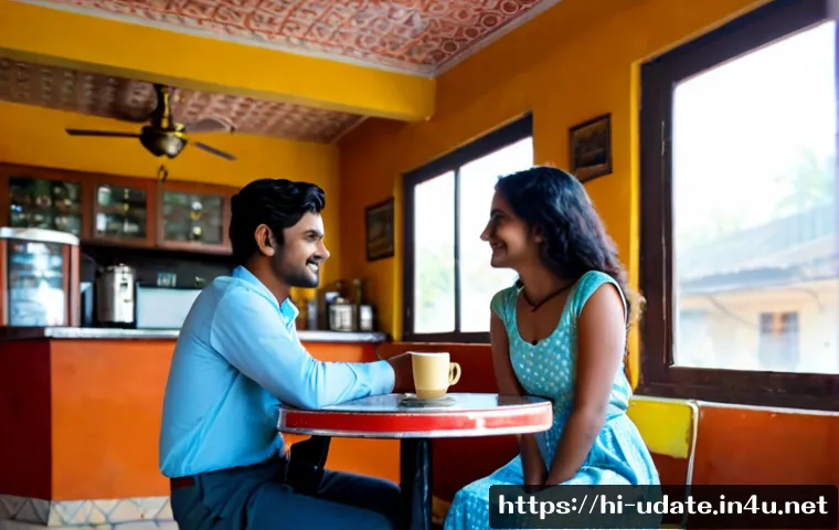 Home 17 레트로 감성 데이트 - Photorealistic retro date in a charming Indian neighborhood café, a young adult couple sitting acros...