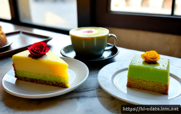 Home 30 디저트 카페 투어 - Photorealistic cozy dessert café tour scene in India, a beautifully plated slice of saffron pistachi...