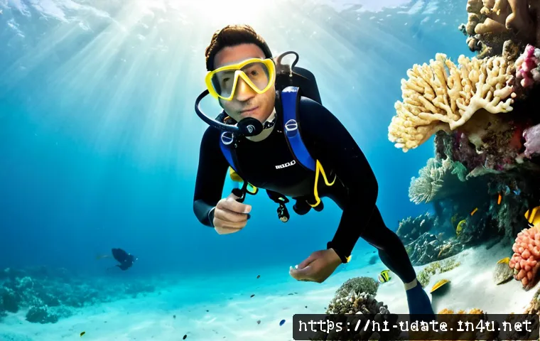 Home 17 스쿠버 다이빙 체험 - Photorealistic scuba diving trial experience in clear tropical water, a South Asian adult beginner w...